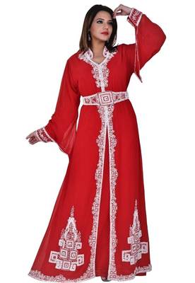 Red Georgette Islamic Kaftan With Zari And Stone Embroidery Work 1