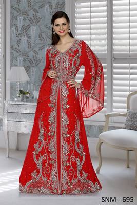 Red Faux Georgette Party Wear Islamic Kaftan With Zari And Stone Embroidery Work 1