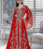 Red Faux Georgette Party Wear Islamic Kaftan With Zari And Stone Embroidery Work