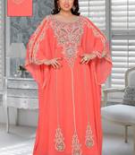 Coral Faux Georgette Party Wear Farasha With Zari And Stone Embroidery Work