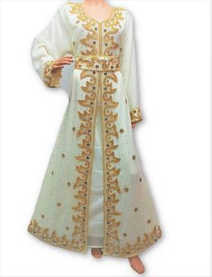 White Georgette Islamic Kaftan With Zari And Stone Embroidery Work 1