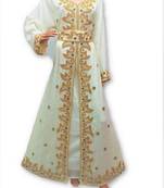 White Georgette Islamic Kaftan With Zari And Stone Embroidery Work