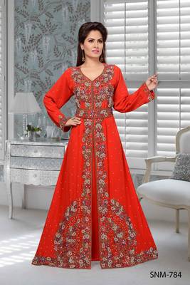 Red Faux Georgette Party Wear Islamic Kaftan With Zari And Stone Embroidery Work 1