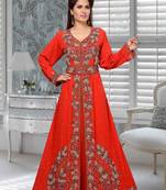Red Faux Georgette Party Wear Islamic Kaftan With Zari And Stone Embroidery Work