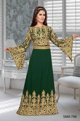Bottle Green Faux Georgette Party Wear Islamic Kaftan With Zari And Stone Embroidery Work 1