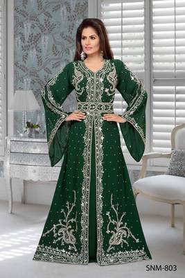 Bottle Green Faux Georgette Party Wear Islamic Kaftan With Zari And Stone Embroidery Work 1