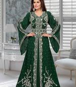 Bottle Green Faux Georgette Party Wear Islamic Kaftan With Zari And Stone Embroidery Work