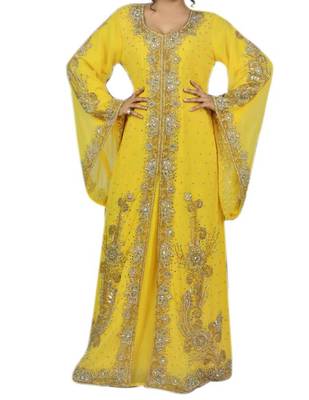 Yellow Georgette Islamic Kaftan With Zari And Stone Embroidery Work 1