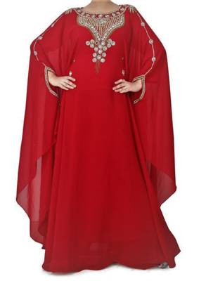 Red Georgette Farasha With Zari And Stone Embroidery Work 1