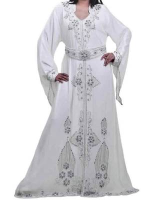White Georgette Islamic Kaftan With Zari And Stone Embroidery Work 1