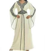 White Georgette Islamic Kaftan With Zari And Stone Embroidery Work