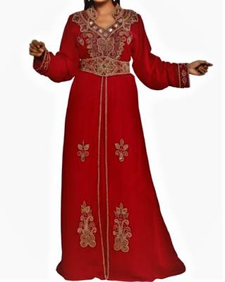 Red Georgette Islamic Kaftan With Zari And Stone Embroidery Work 1