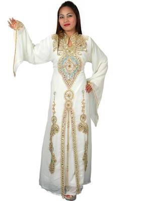 Cream Georgette Embroidered Stitched Islamic Kaftans 1