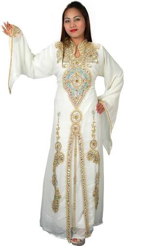 Cream Georgette Embroidered Stitched Islamic Kaftans