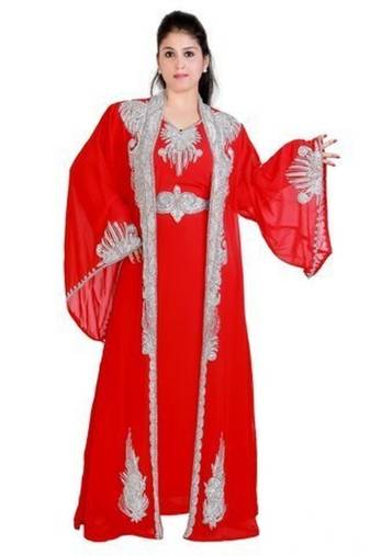 Red Georgette Embroidered Stitched Islamic Kaftans