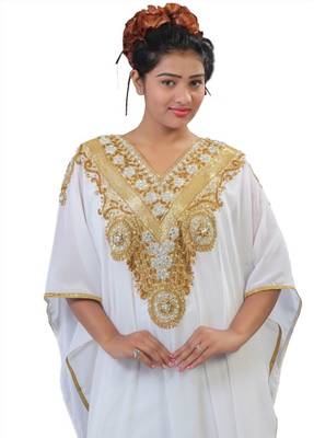 Cream Georgette Embroidered Stitched Islamic Kaftans 1