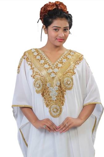 Cream Georgette Embroidered Stitched Islamic Kaftans