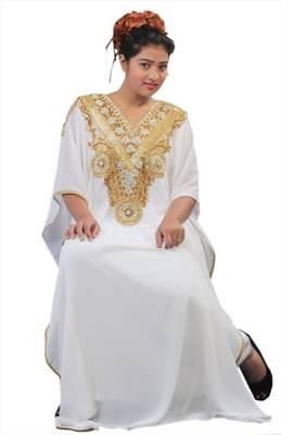 Cream Georgette Embroidered Stitched Islamic Kaftans 2