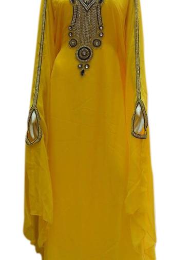 Yellow Georgette Embroidered Stitched Islamic Kaftans