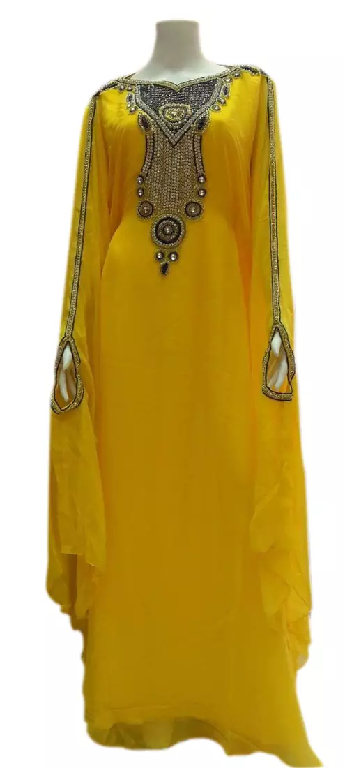 Yellow Georgette Embroidered Stitched Islamic Kaftans