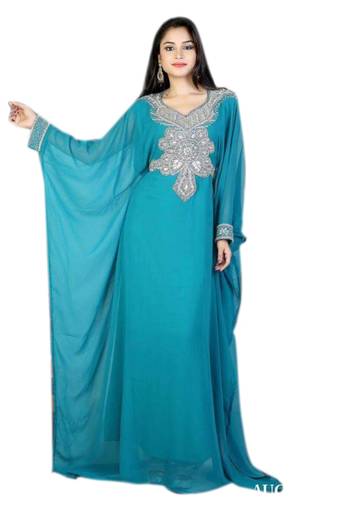 Blue Georgette Embroidered Stitched Islamic Kaftans
