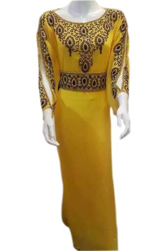 Yellow Georgette Embroidered Stitched Islamic Kaftans