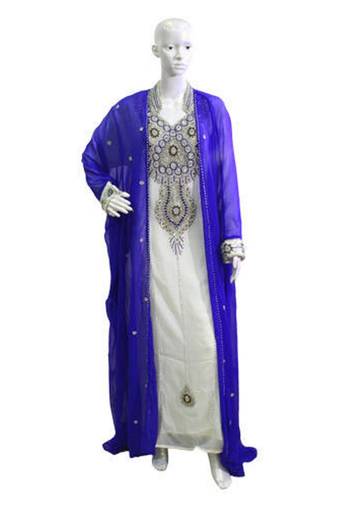 Jacket Royal Blue Inner Cream Georgette Embroidered Stitched Islamic Kaftans