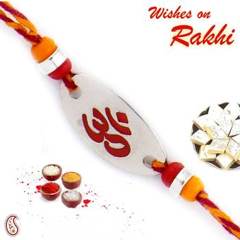 Silver Base Beads Studded Om Rakhi 1