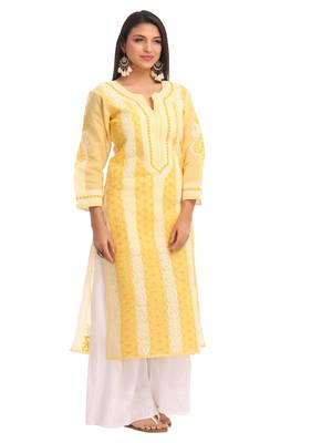 Ada Yellow Cotton Chikankari Kurti 3