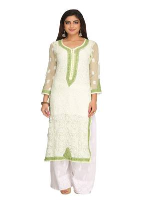 Ada Lemon Hand Embroidered Faux Georgette Chikankari Kurti 1