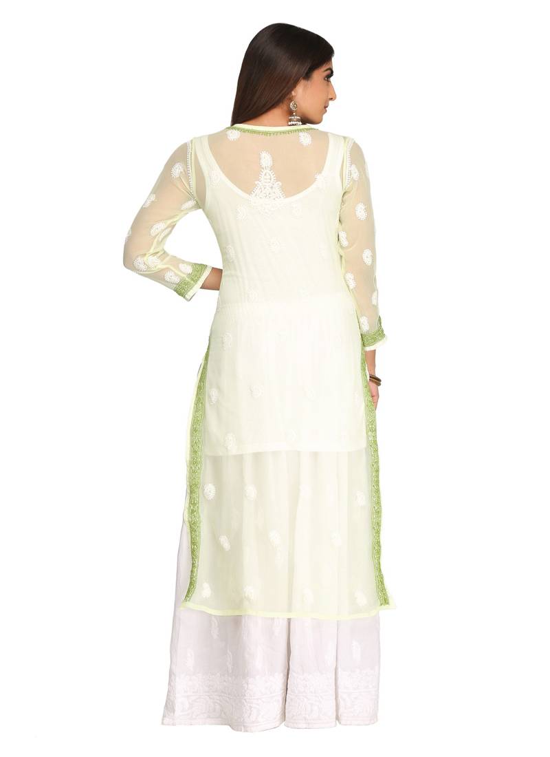 Ada Lemon Hand Embroidered Faux Georgette Chikankari Kurti