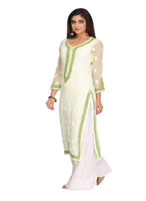 Ada Lemon Hand Embroidered Faux Georgette Chikankari Kurti 3