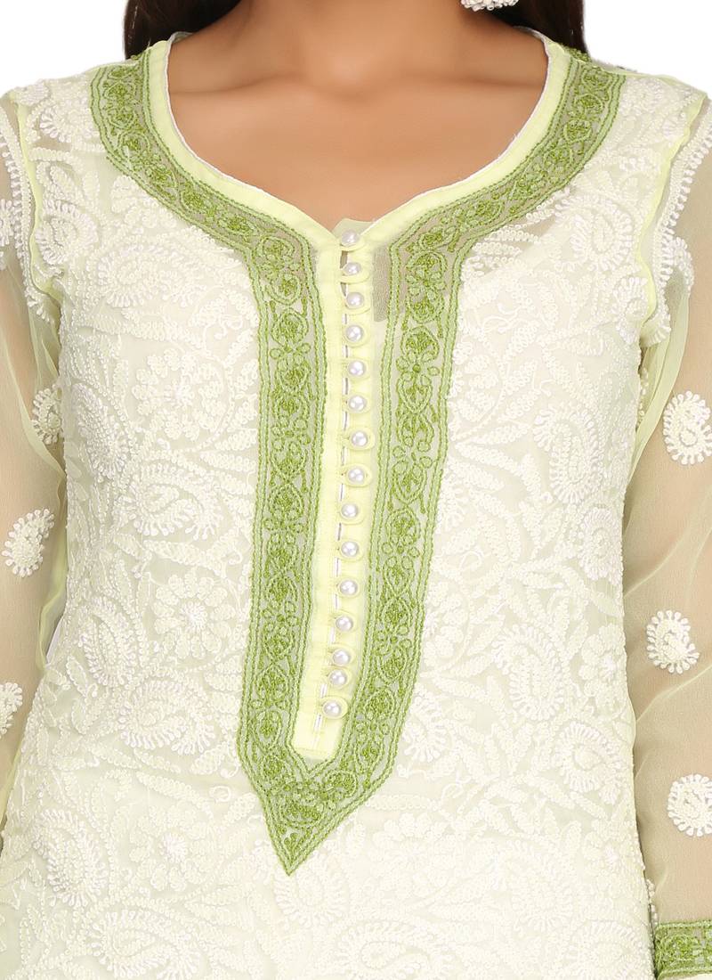 Ada Lemon Hand Embroidered Faux Georgette Chikankari Kurti