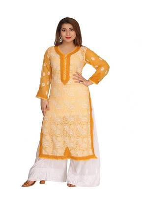 Ada Hand Embroidered Mustard Faux Georgette Chikankari Kurti 1