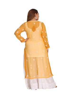 Ada Hand Embroidered Mustard Faux Georgette Chikankari Kurti 2
