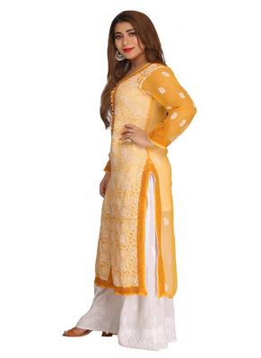 Ada Hand Embroidered Mustard Faux Georgette Chikankari Kurti 3