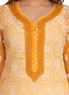 Ada Hand Embroidered Mustard Faux Georgette Chikankari Kurti 4