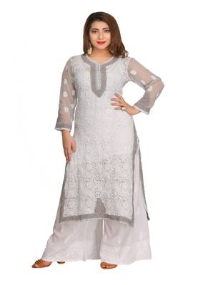 Ada Hand Embroidered Grey Faux Georgette Chikankari Kurti 1