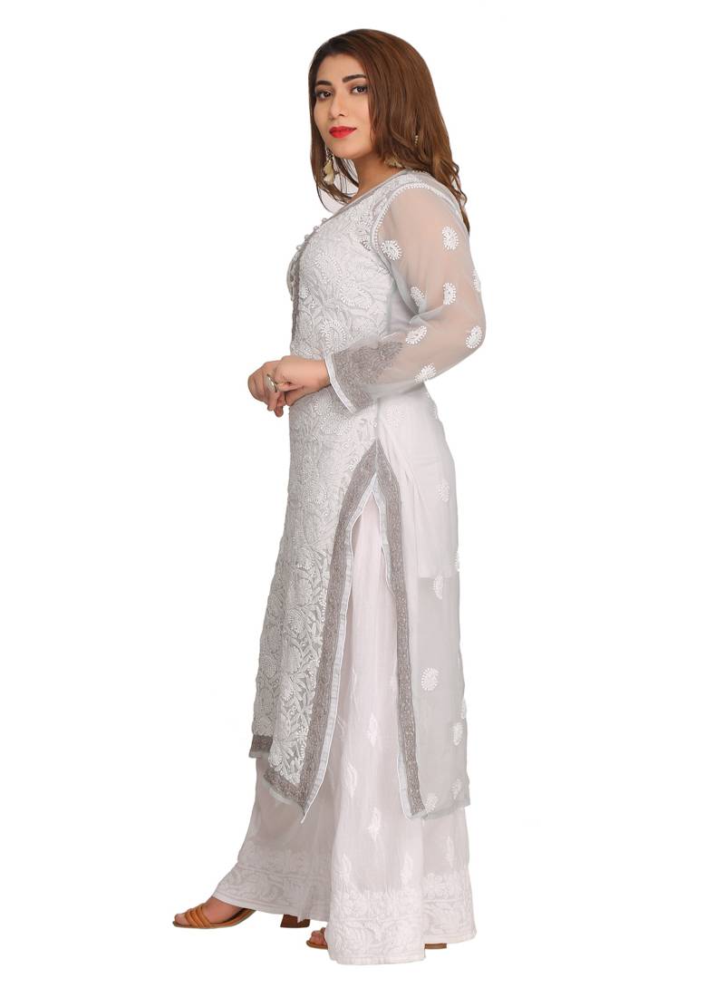 Ada Hand Embroidered Grey Faux Georgette Chikankari Kurti