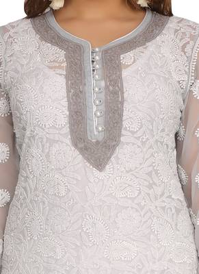 Ada Hand Embroidered Grey Faux Georgette Chikankari Kurti 4