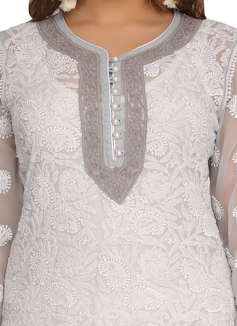 Ada Hand Embroidered Grey Faux Georgette Chikankari Kurti