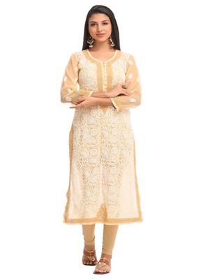 Ada Hand Embroidered Fawn Faux Georgette Lucknow Chikankari Women Kurta - A246735 1