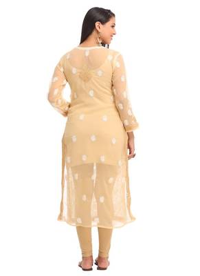 Ada Hand Embroidered Fawn Faux Georgette Lucknow Chikankari Women Kurta - A246735 2