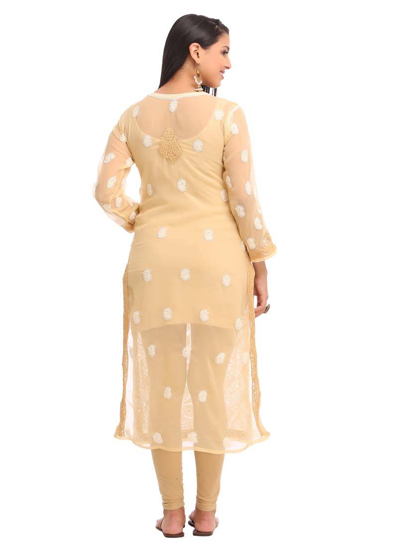 Ada Hand Embroidered Fawn Faux Georgette Lucknow Chikankari Women Kurta - A246735