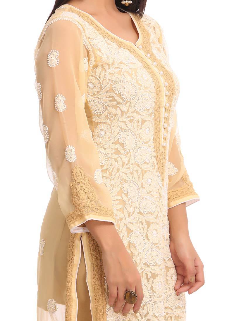 Ada Hand Embroidered Fawn Faux Georgette Lucknow Chikankari Women Kurta - A246735