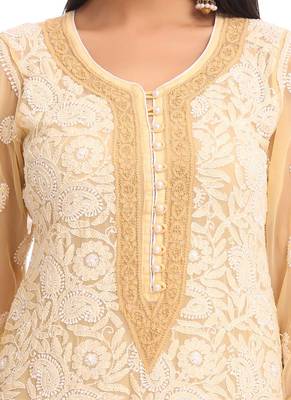 Ada Hand Embroidered Fawn Faux Georgette Lucknow Chikankari Women Kurta - A246735 4