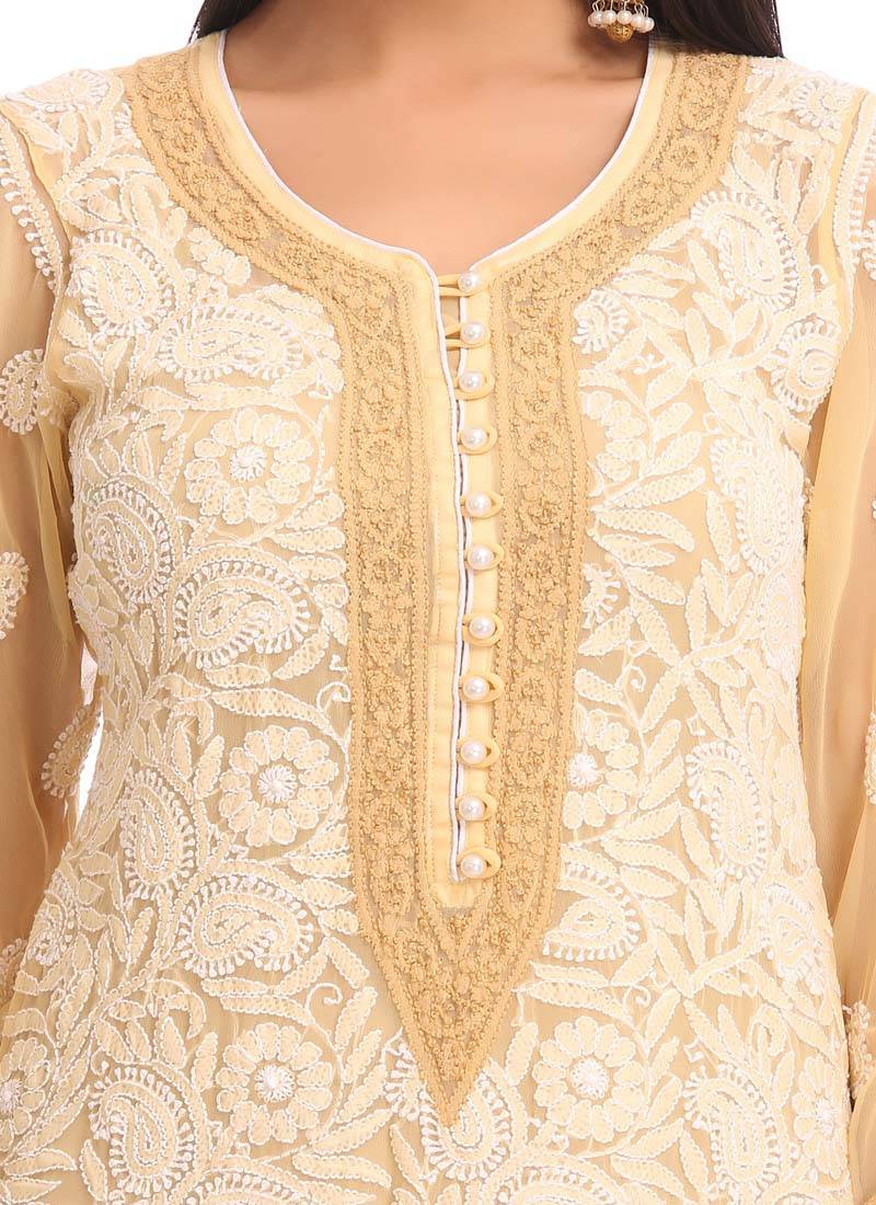 Ada Hand Embroidered Fawn Faux Georgette Lucknow Chikankari Women Kurta - A246735