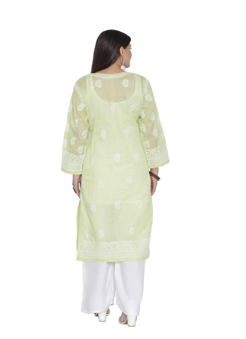 Ada Hand Embroidered Green Cotton Chikankari Kurti