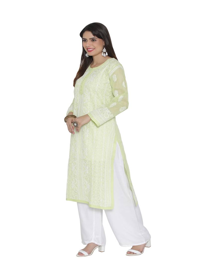 Ada Hand Embroidered Green Cotton Chikankari Kurti