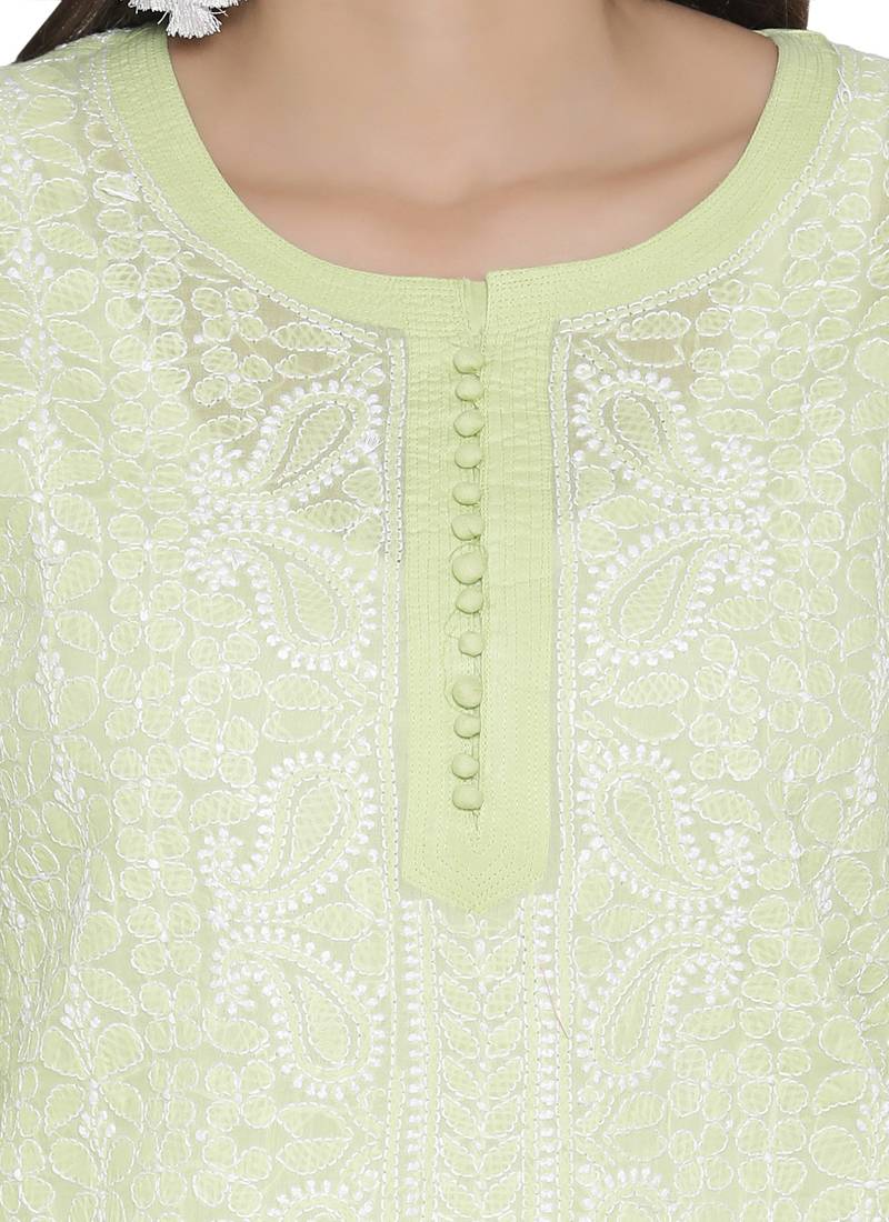 Ada Hand Embroidered Green Cotton Chikankari Kurti